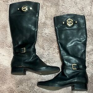 Michael Kors Black Leather Boots with Gold Accents